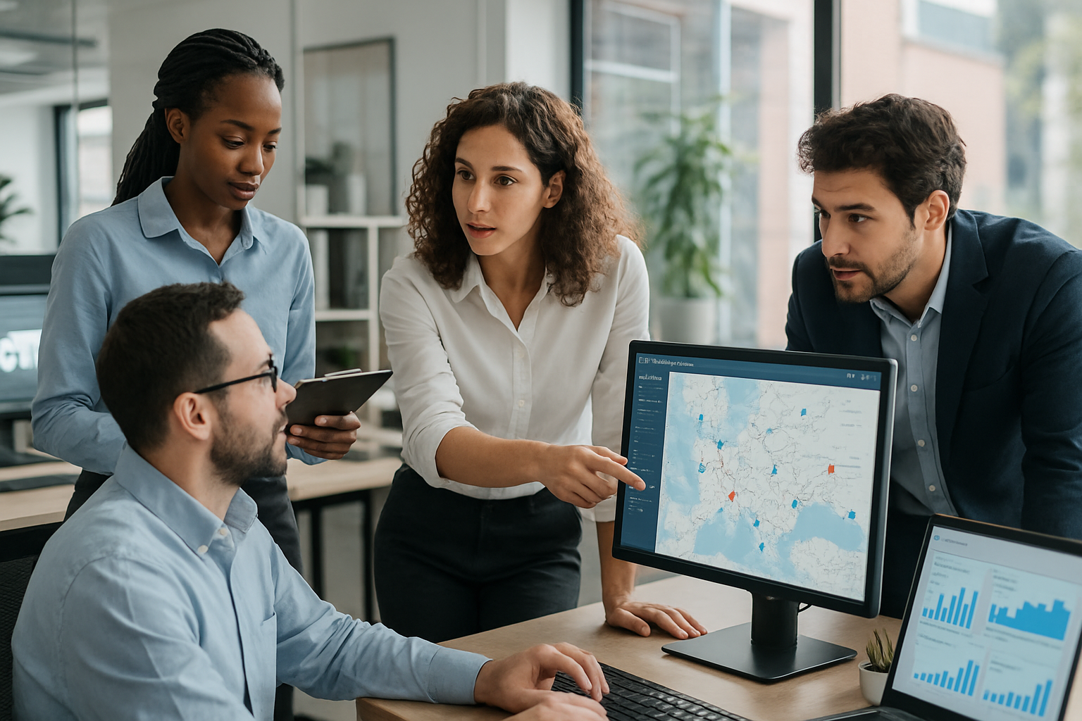 operations team managing shipment exceptions with collaborative workflow charts on screens