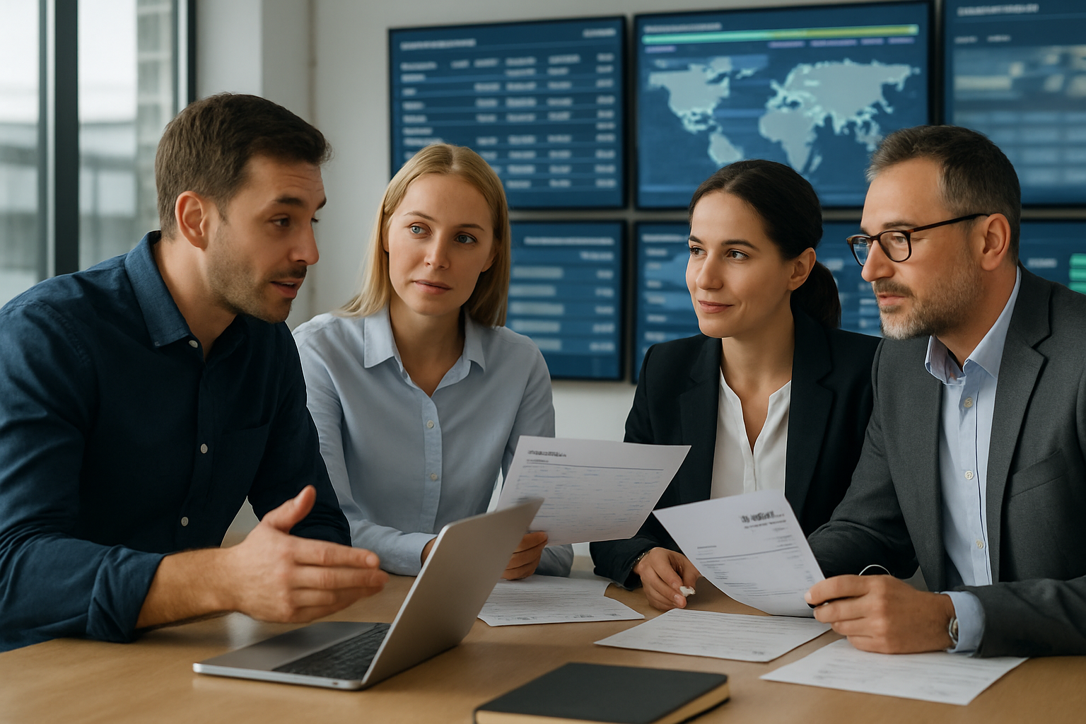 Logistics operations and finance teams collaborating with shipment data and invoices