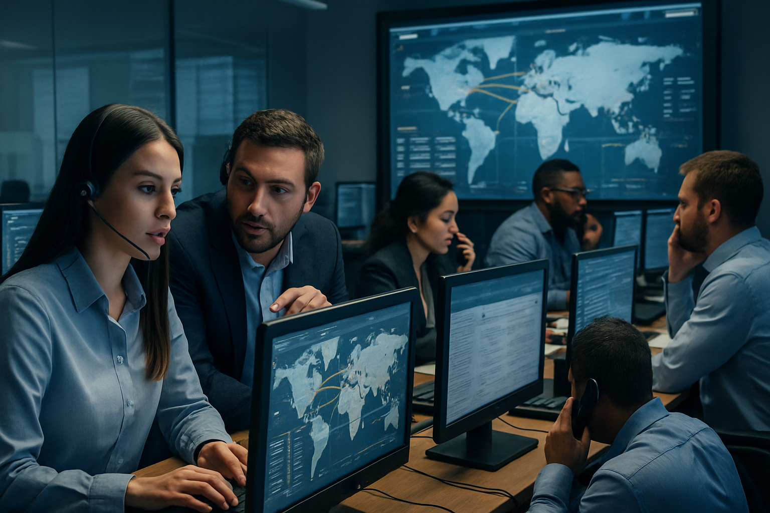 freight forwarding team coordinating shipments in a control room