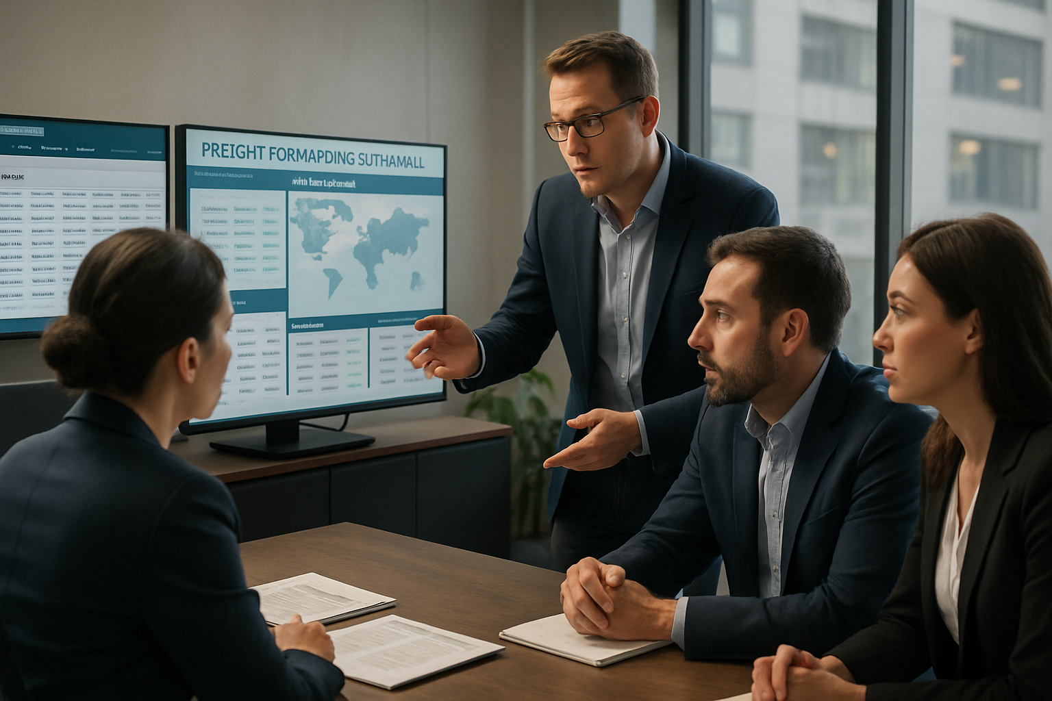logistics team discussing freight forwarding software advantages in an office setting