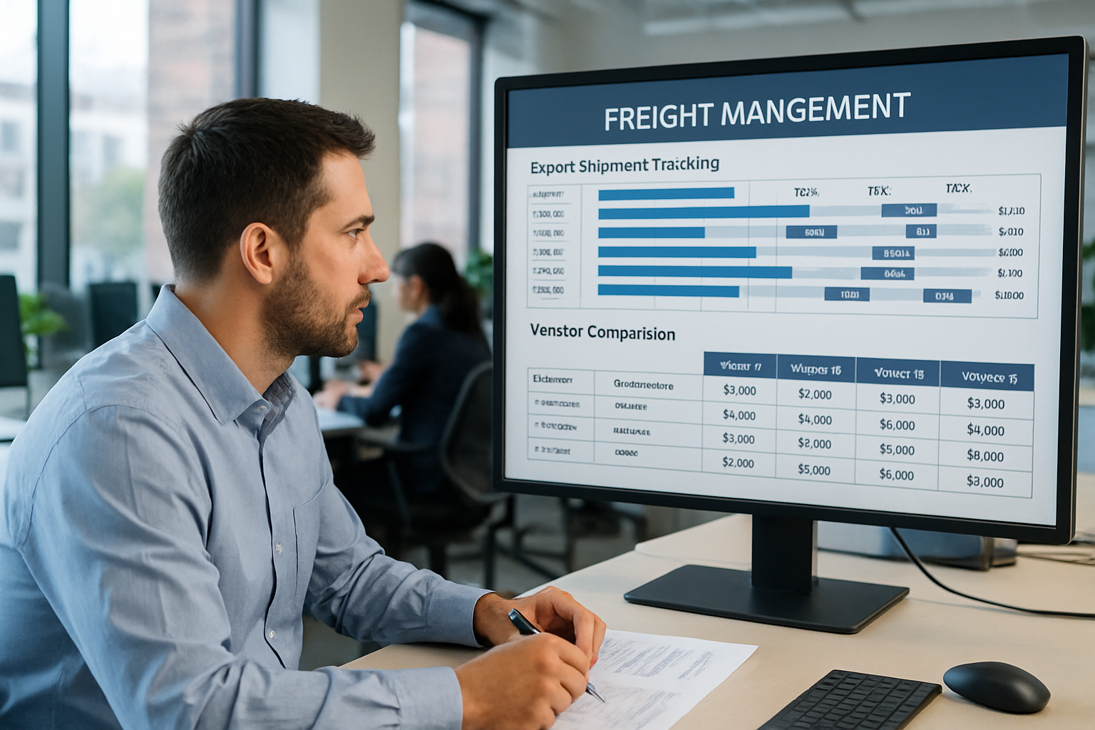freight management software dashboard showing export shipment tracking and vendor comparison
