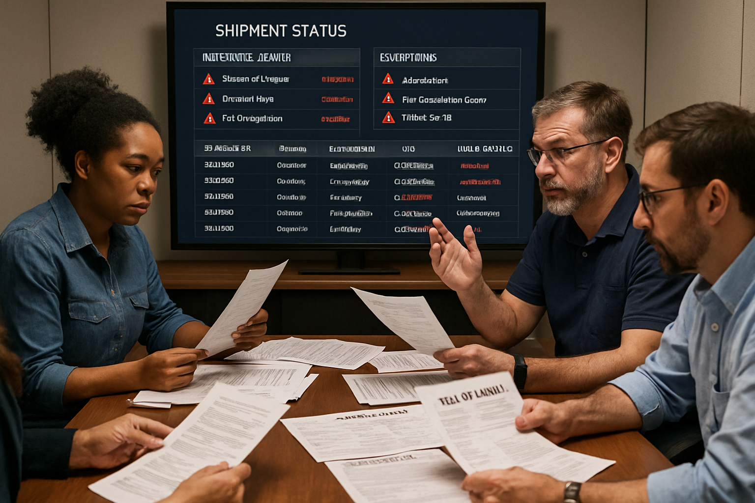 operations team conducting exception handling and documentation review in export freight management