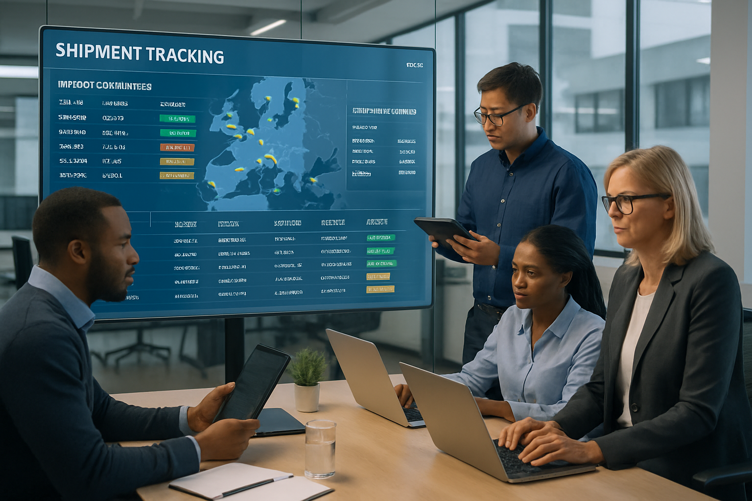 Operations team using freight management software for import shipment tracking and vendor coordination
