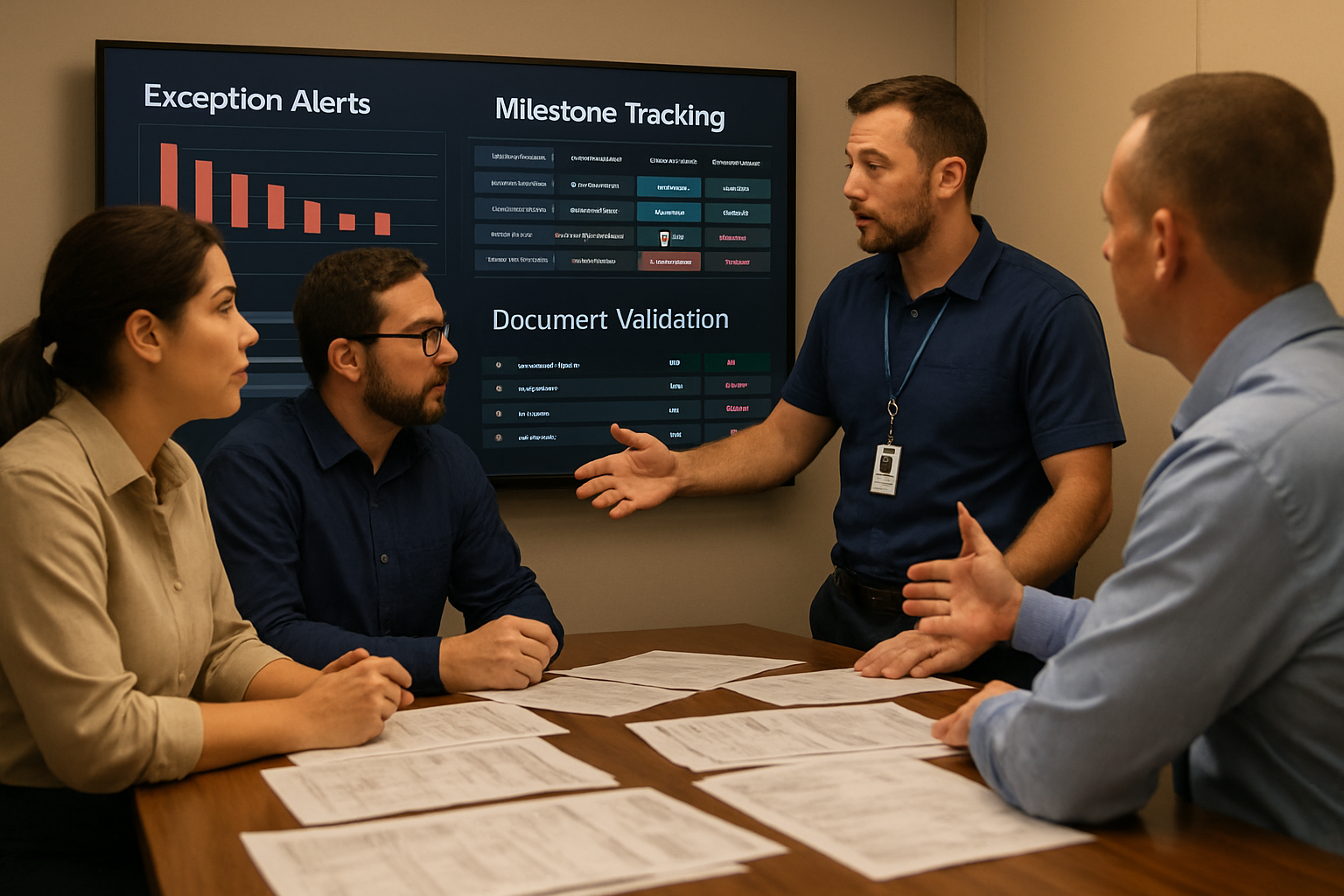 Logistics team reviewing exception handling and documentation workflow in import freight management software