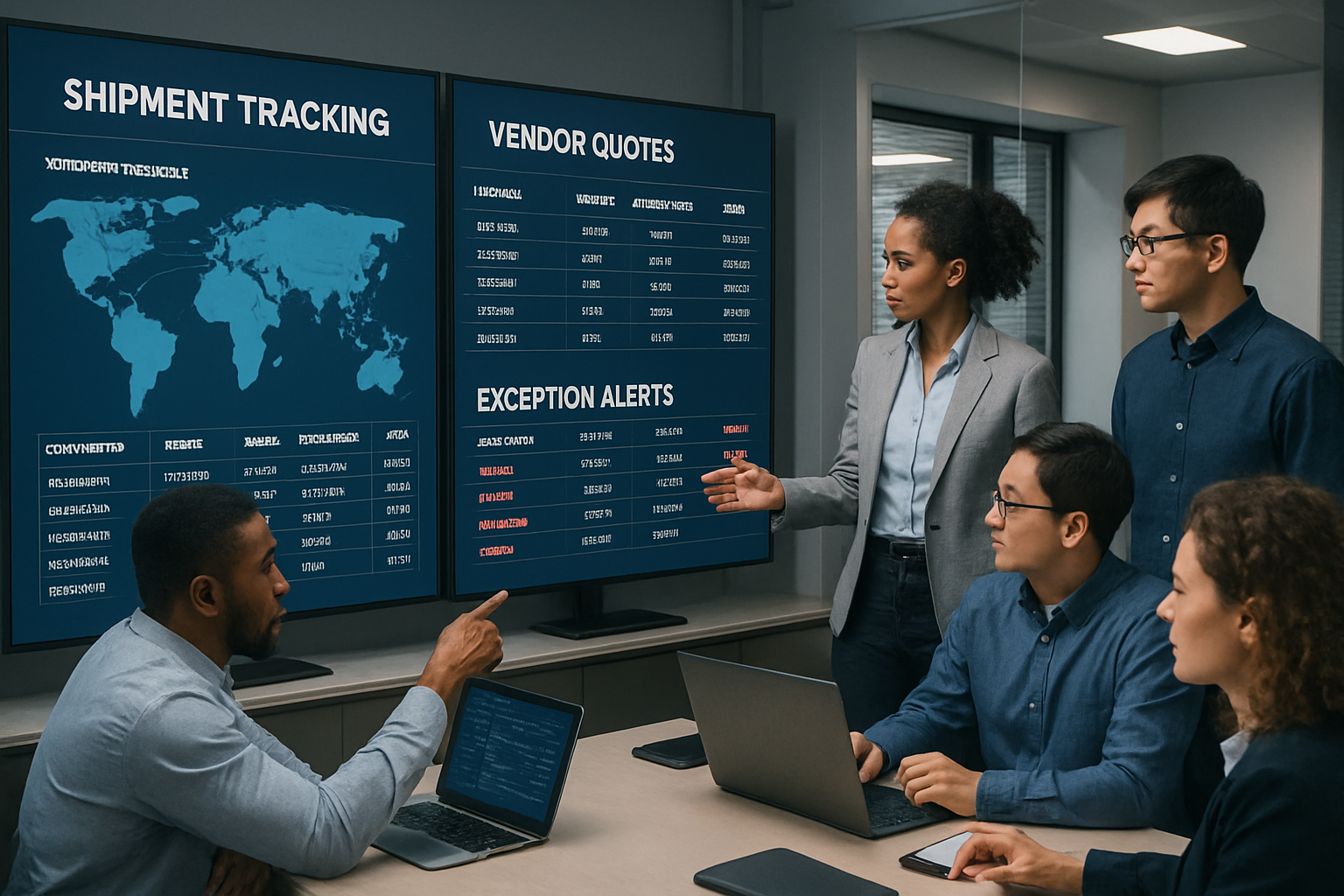 Logistics team coordinating freight operations automation with digital dashboards