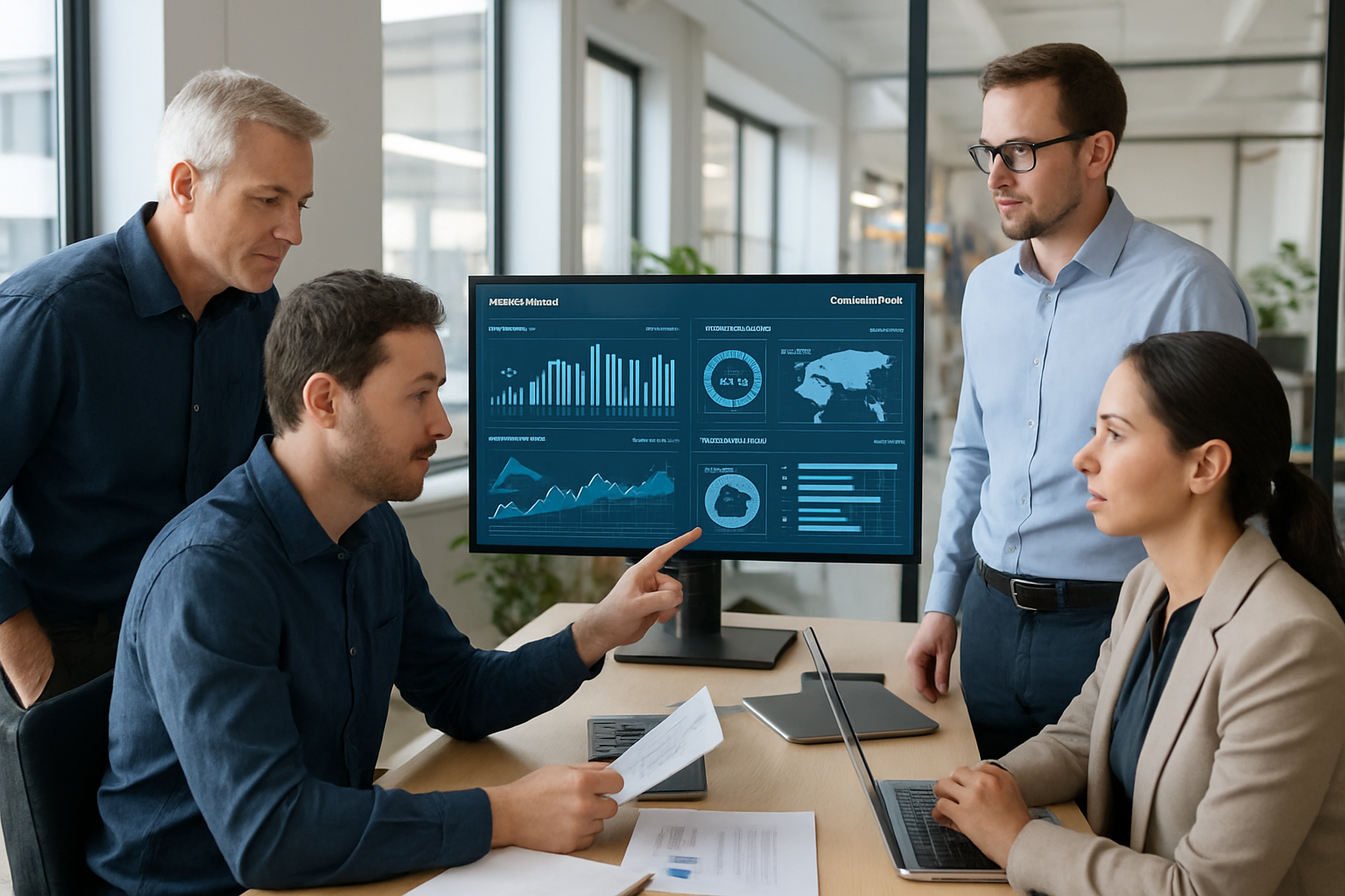 Logistics team reviewing freight procurement data and shipment execution status in a modern office
