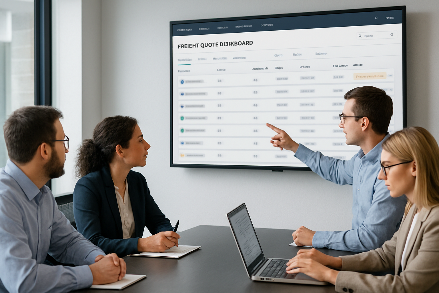 Logistics team reviewing freight quote management software dashboard with multiple carrier rates