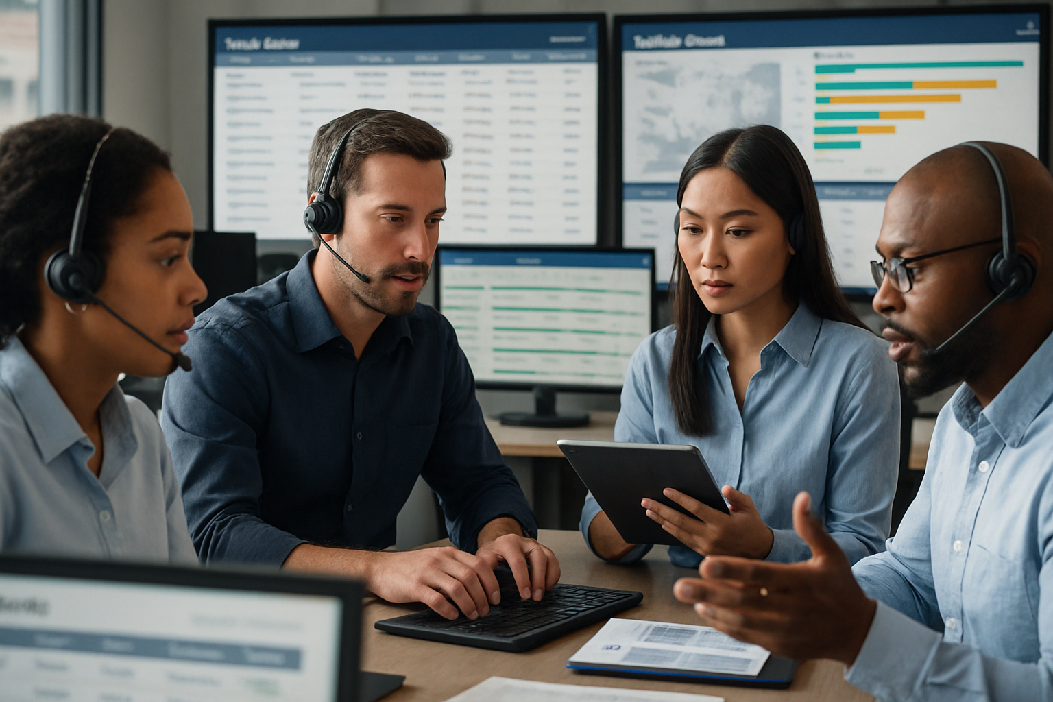 Operations team coordinating freight quote approval and booking workflow on multiple screens