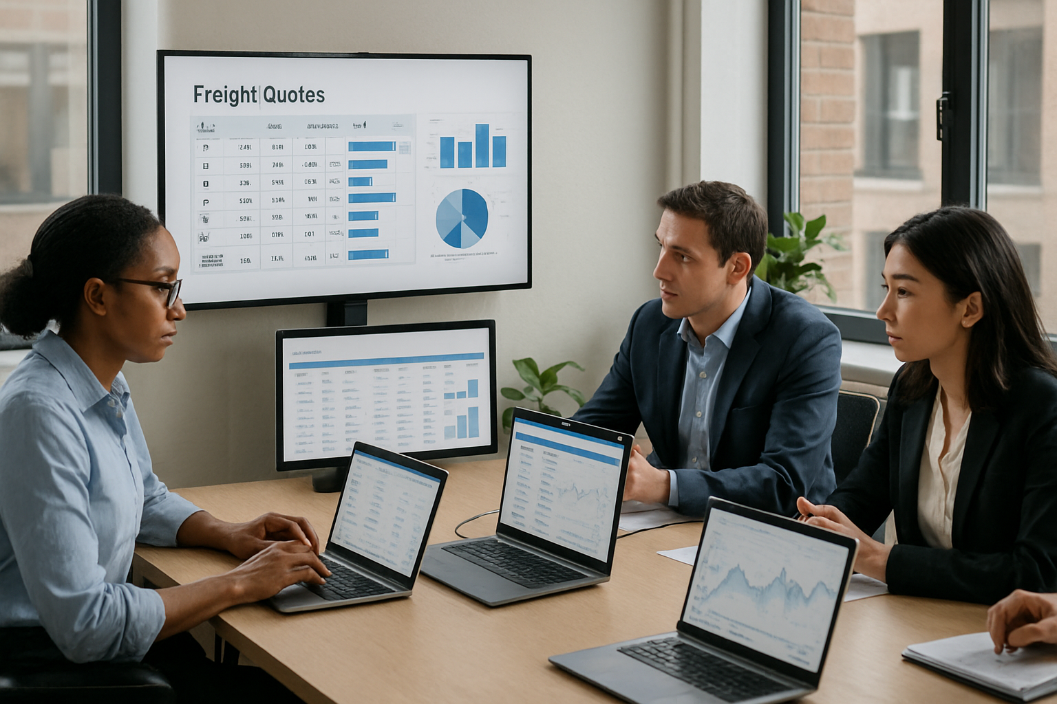 Logistics team reviewing multiple freight quotes on a digital procurement platform