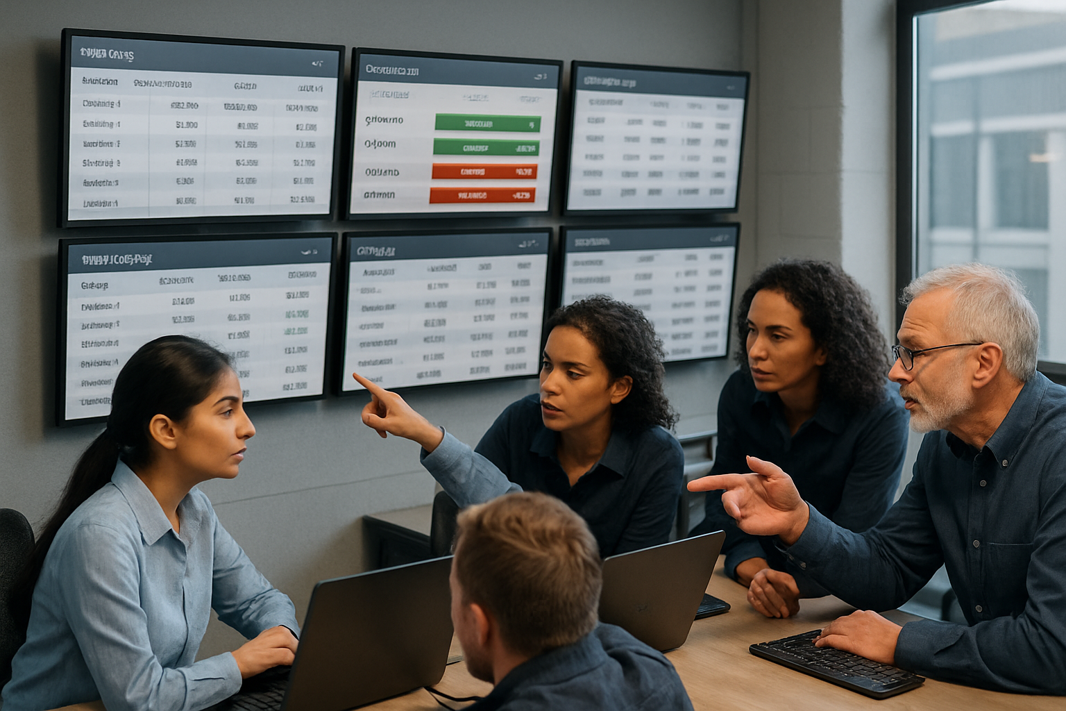 Operations team reviewing centralized freight rate comparison and approval workflow on multiple monitors