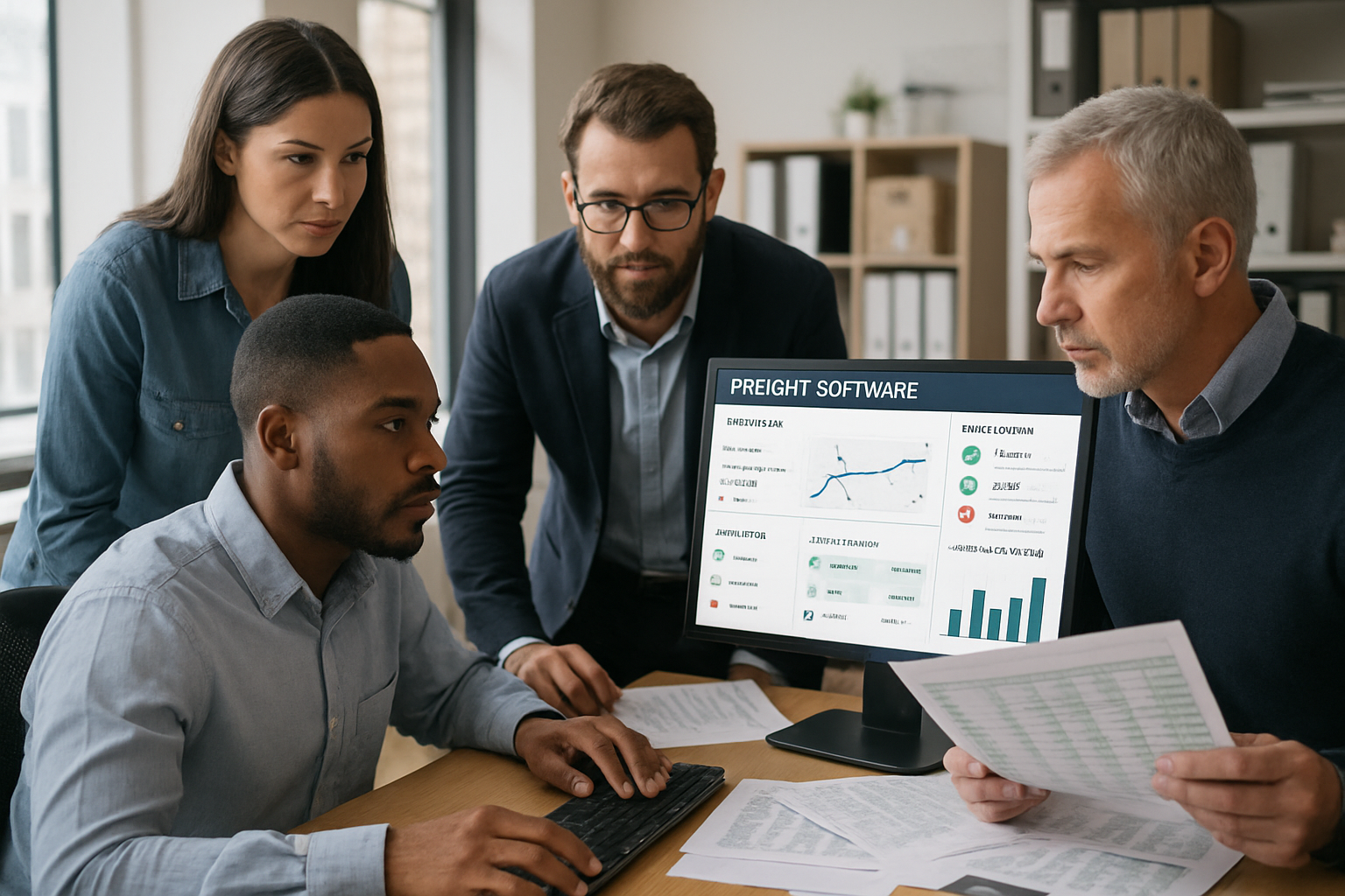Logistics team comparing freight software dashboard against Excel spreadsheets in office
