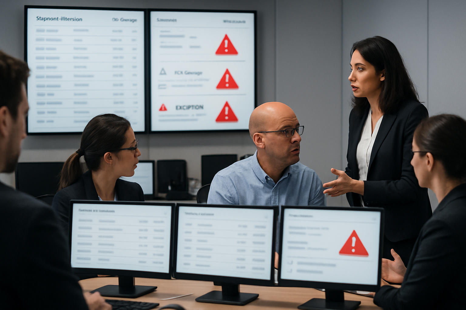 Operations team handling shipment exceptions with dual monitors showing tracking and alerts