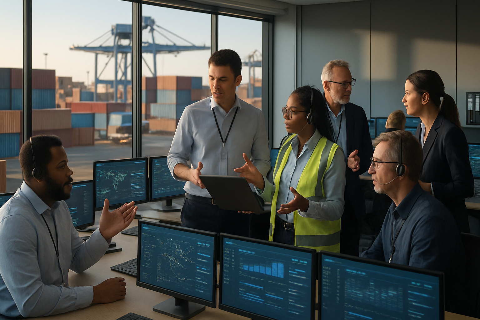 logistics team collaborating in a modern freight operations center with multiple screens and workflow displays