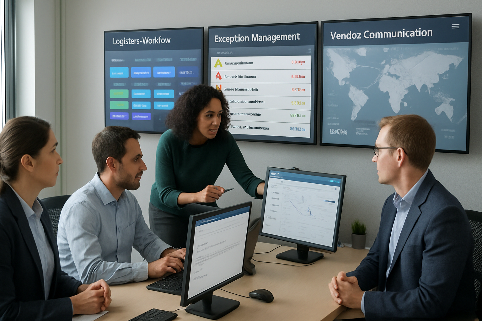 operations team monitoring centralized workflow dashboard for shipment exceptions and vendor coordination