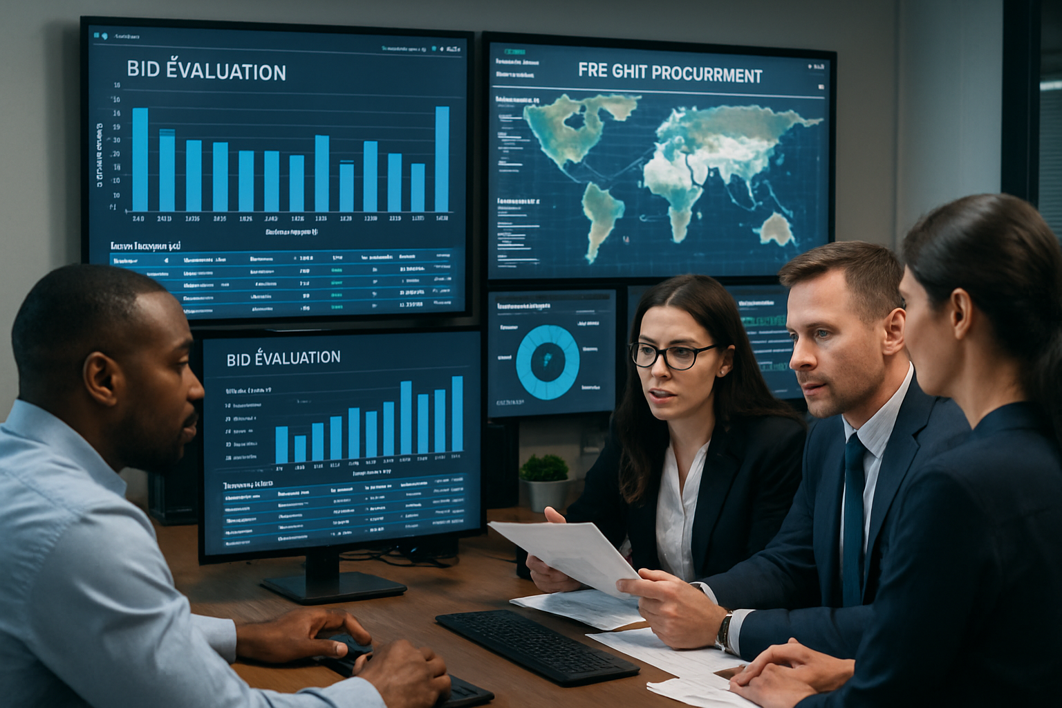 procurement team analyzing freight bid evaluation data on multiple screens