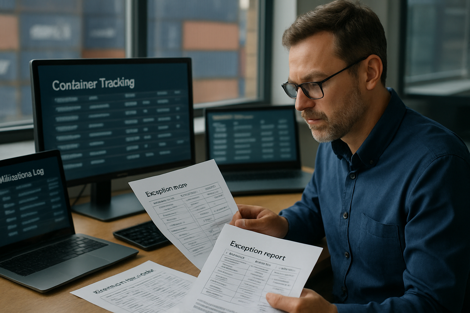 Logistics manager reviewing container milestone events and exception reports for Hapag-Lloyd shipment