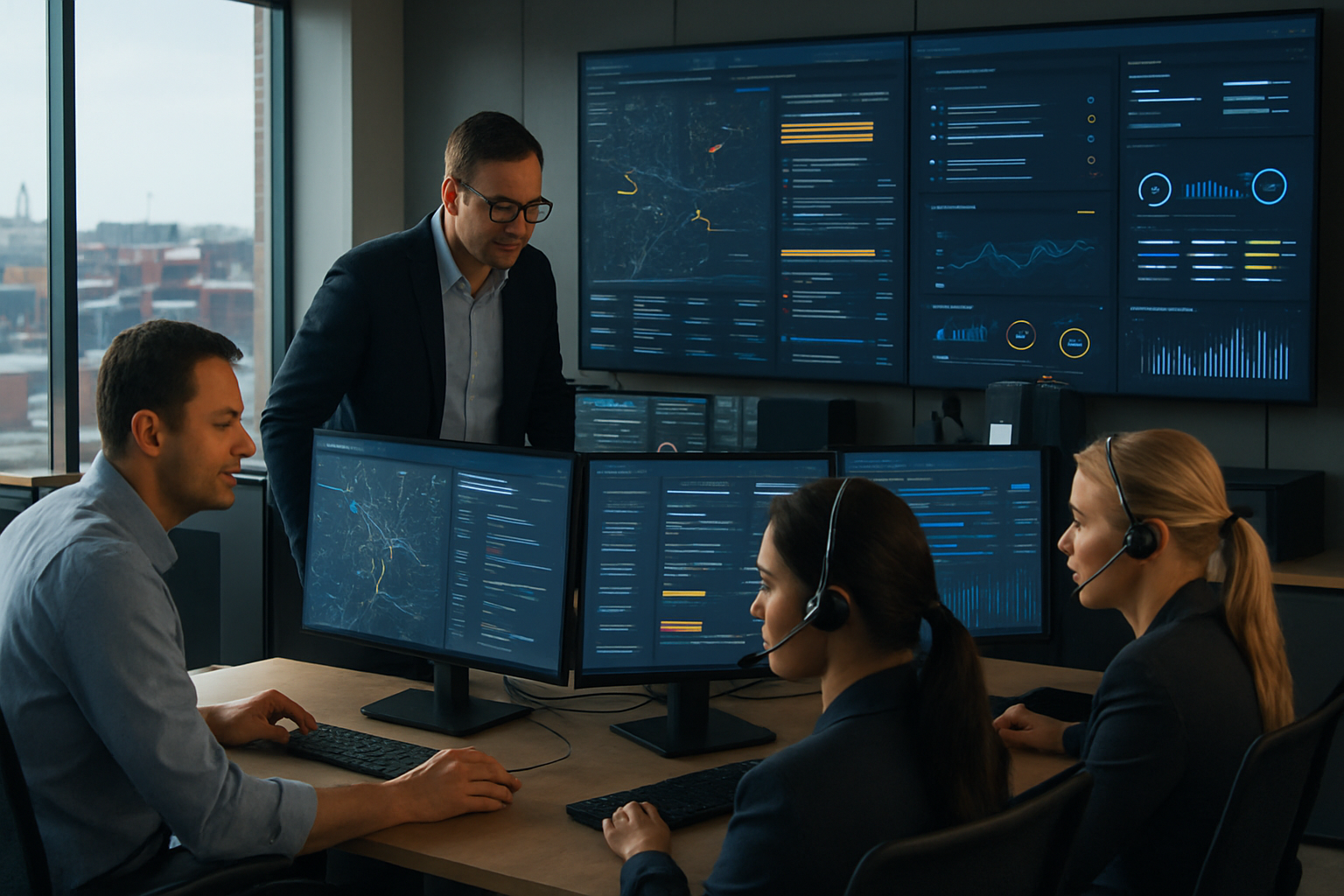 logistics team reviewing AI-driven exception alerts on screens in modern freight control center