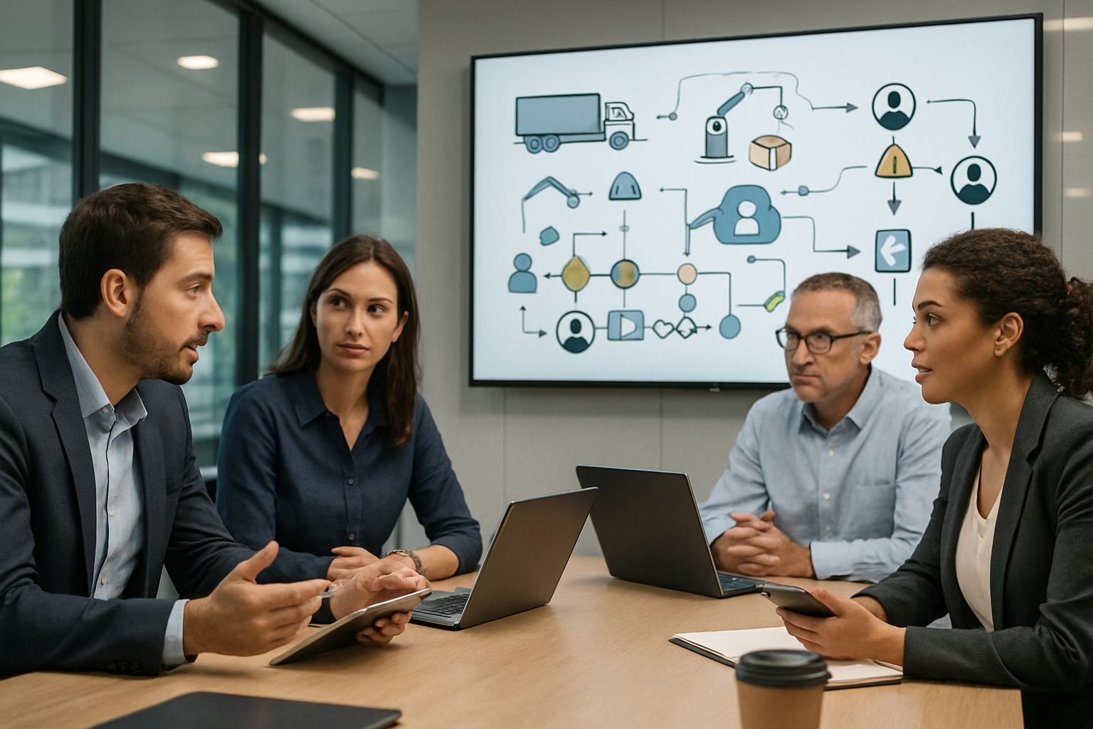 operational workflow visualization with team coordinating AI-enabled exception management in logistics office