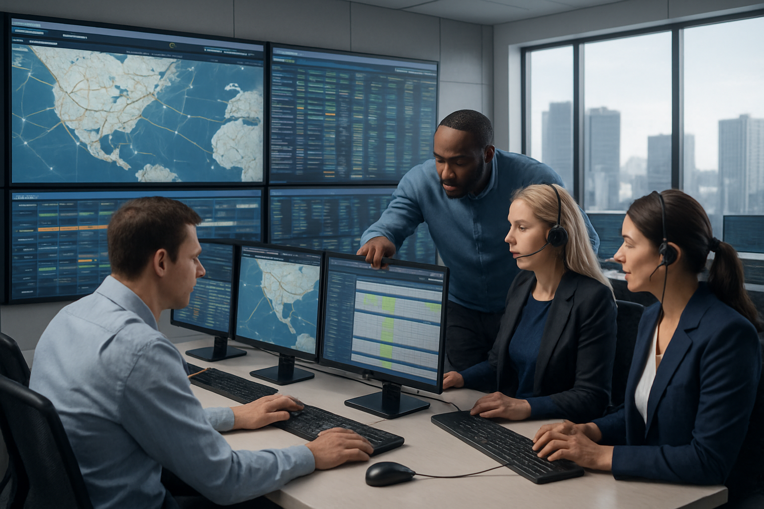 logistics team monitoring shipment status on multiple screens in operations control room
