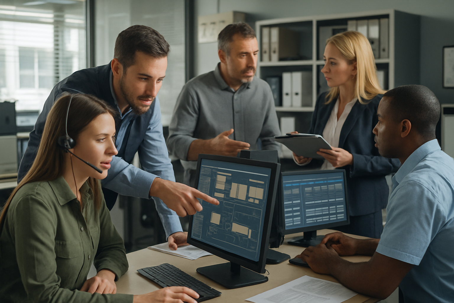 logistics team coordinating freight operations in modern office