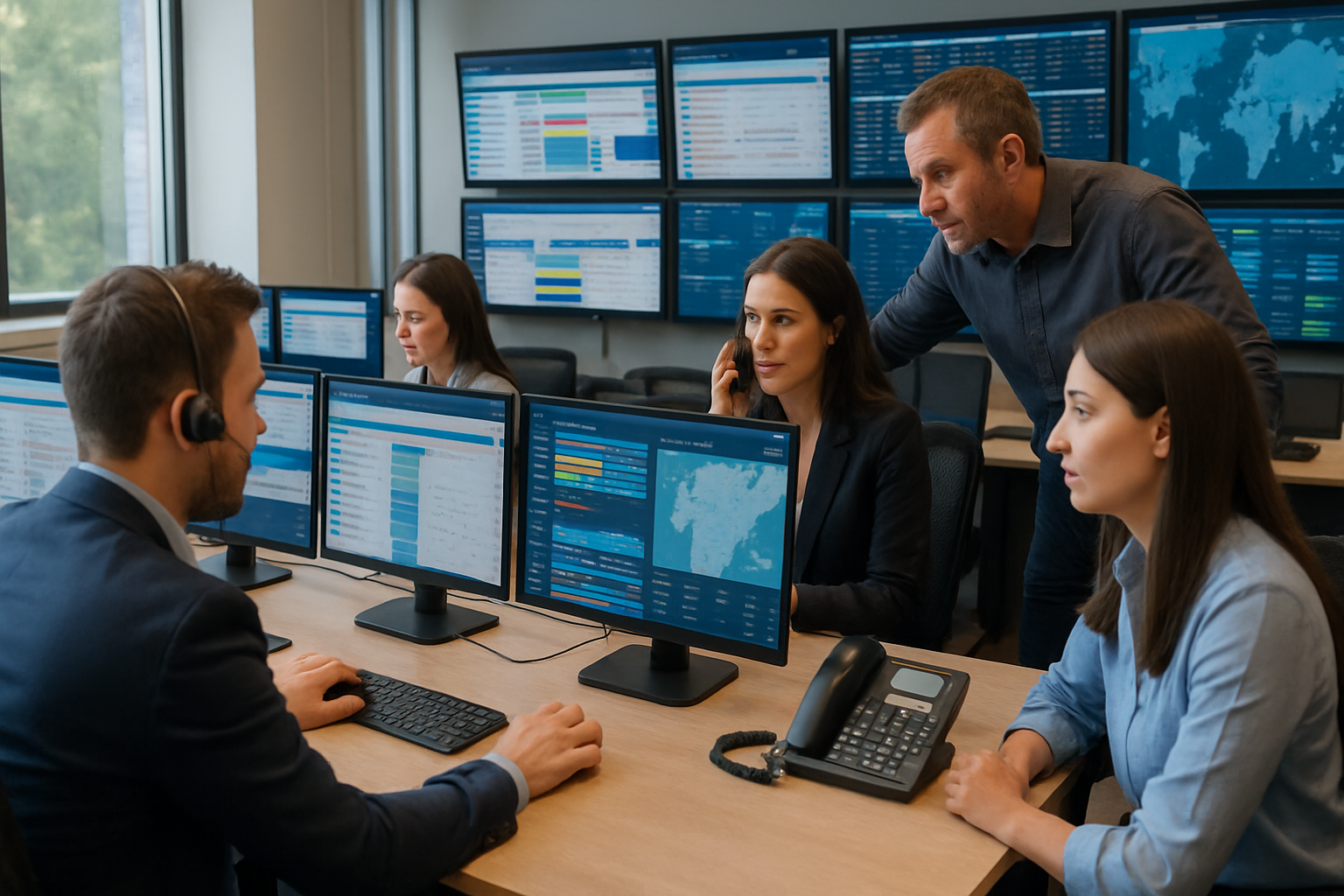 freight forwarding team managing real-time shipment visibility in operations control room