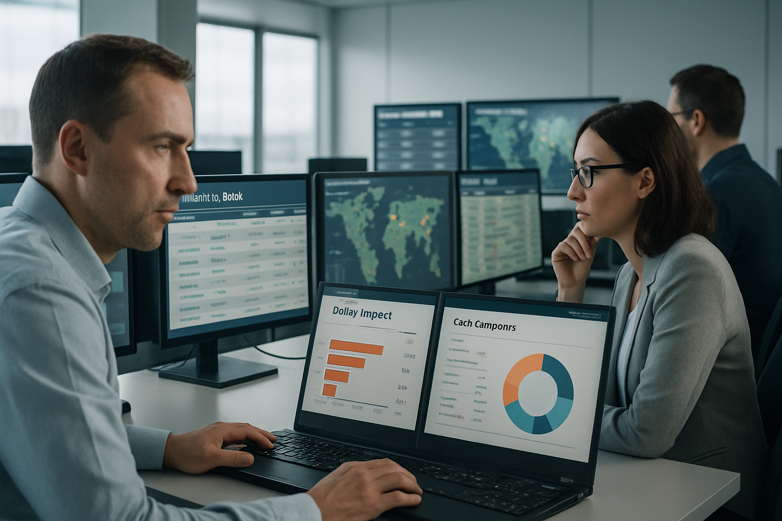 logistics control room with team monitoring shipment delays and total landed cost components