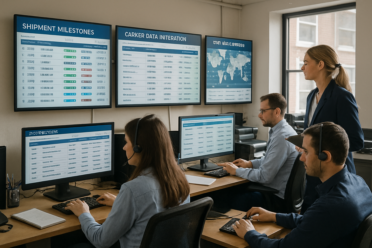 Operations team monitoring centralized digital shipment tracking dashboards displaying live logistics milestones and ETA updates.