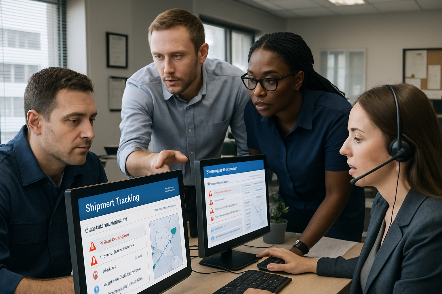 Freight forwarder customer service team using a digital self-service portal to manage exception alerts and customer communications.