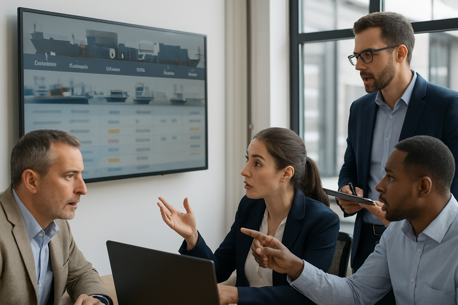 freight forwarder team using a digital freight visibility portal in a logistics office