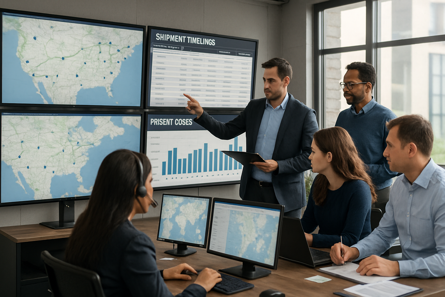 logistics team reviewing freight operations with dashboards and shipment maps in modern office