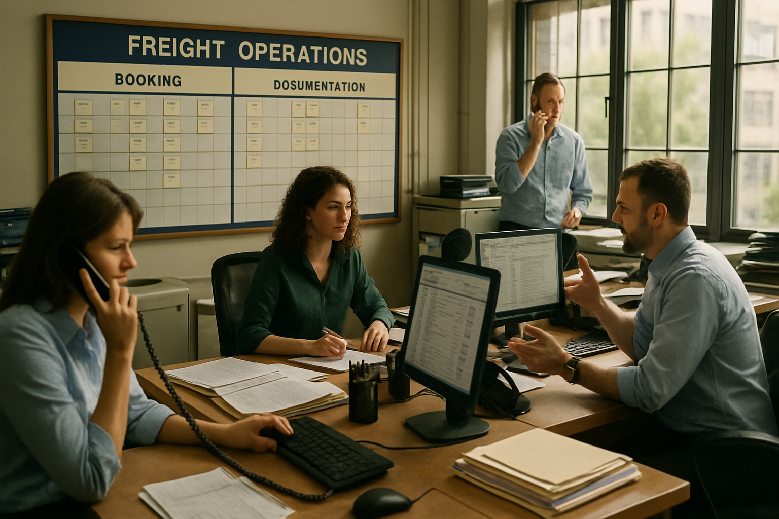 logistics workflow with teams handling booking, documentation, and exception resolution in office