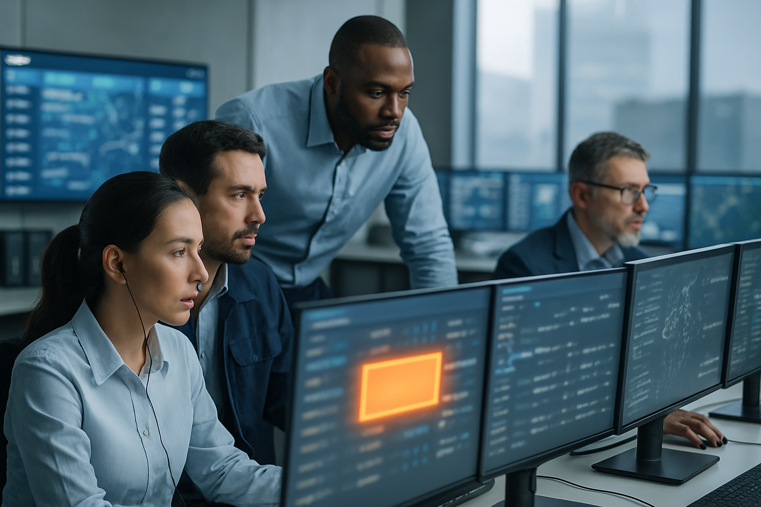 freight operations team using AI-powered shipment risk detection tools at control center