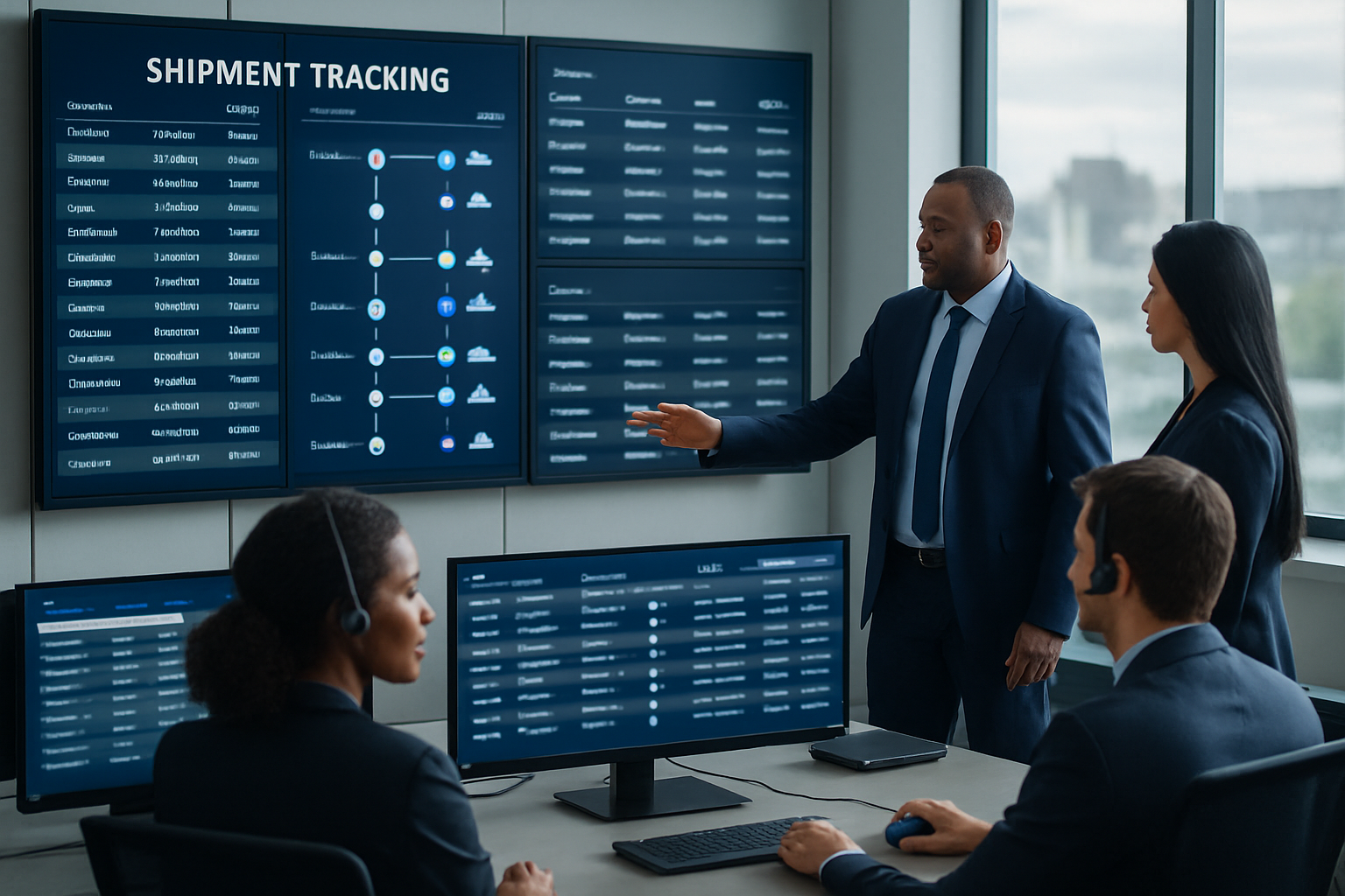Logistics team managing centralized shipment tracking system for automating customer shipment status reports
