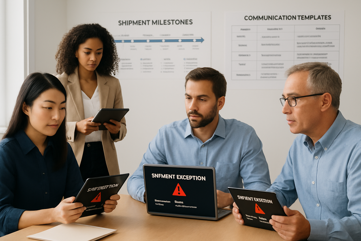 Operations team reviewing automated shipment exception alerts and customer communication workflows