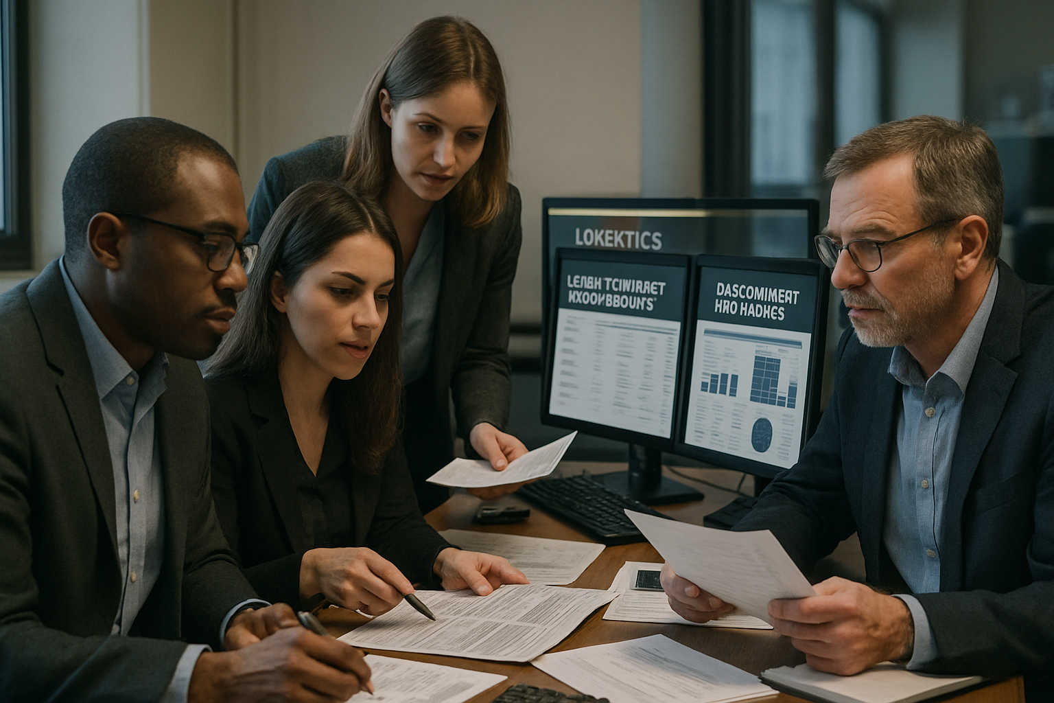 operations desk with team managing freight contracts and monitoring procurement data