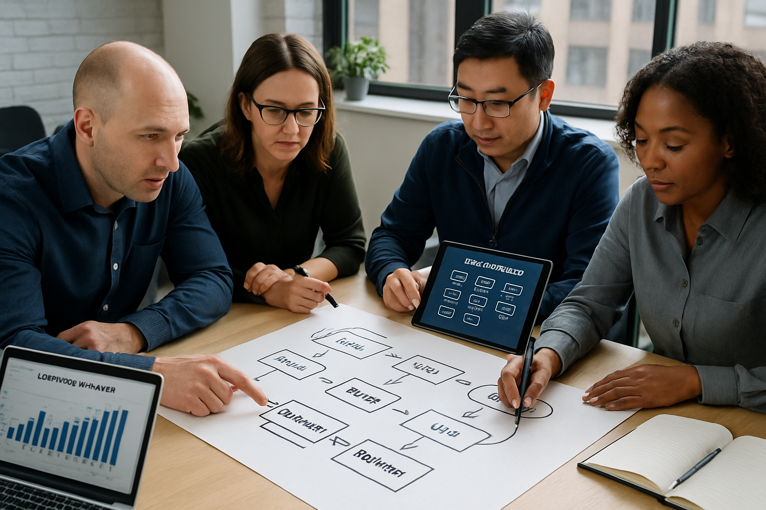 logistics team mapping repeatable freight workflows in a modern office setting