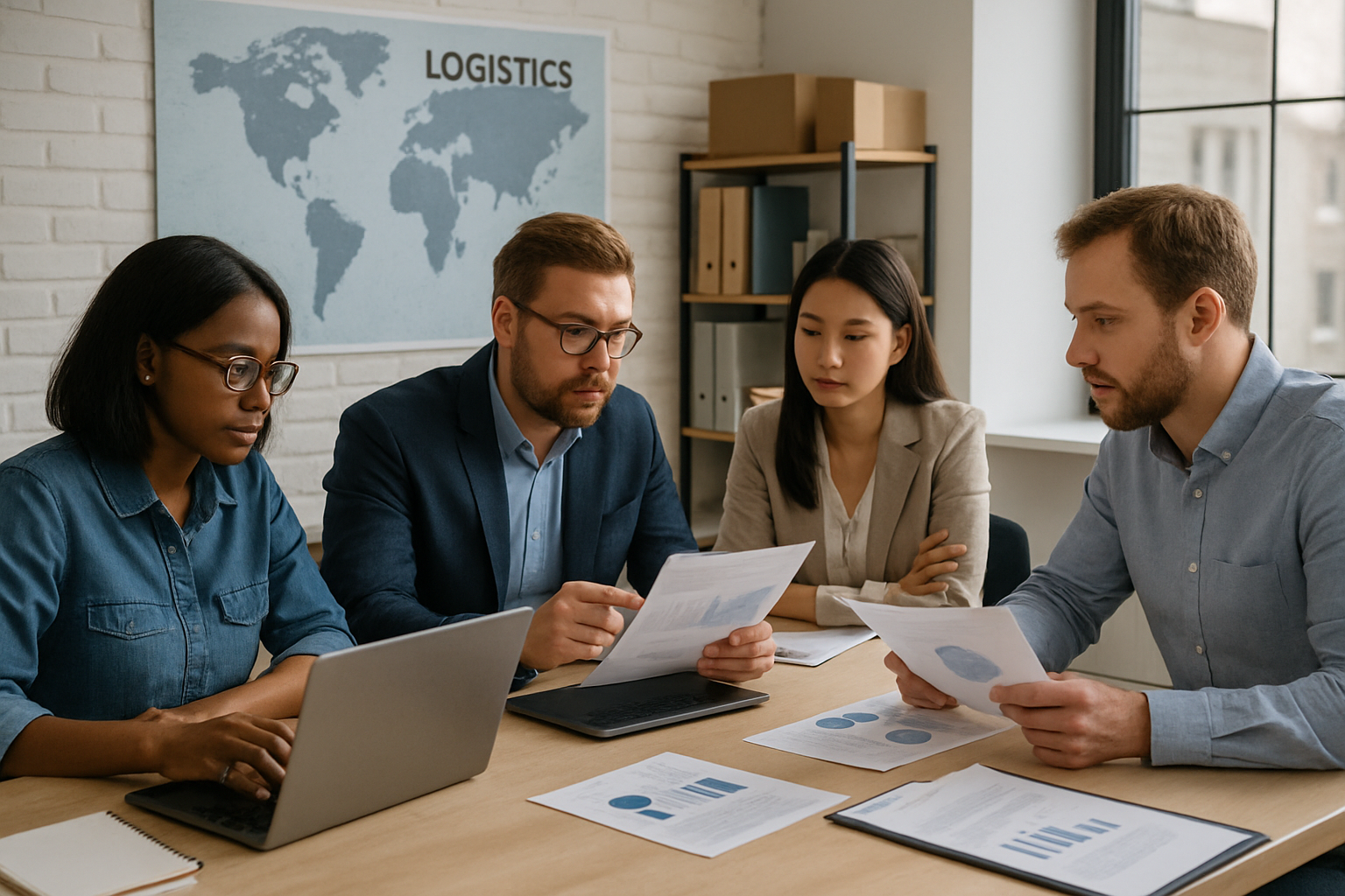 Logistics team evaluating freight tech platforms in a meeting room with laptops and documents