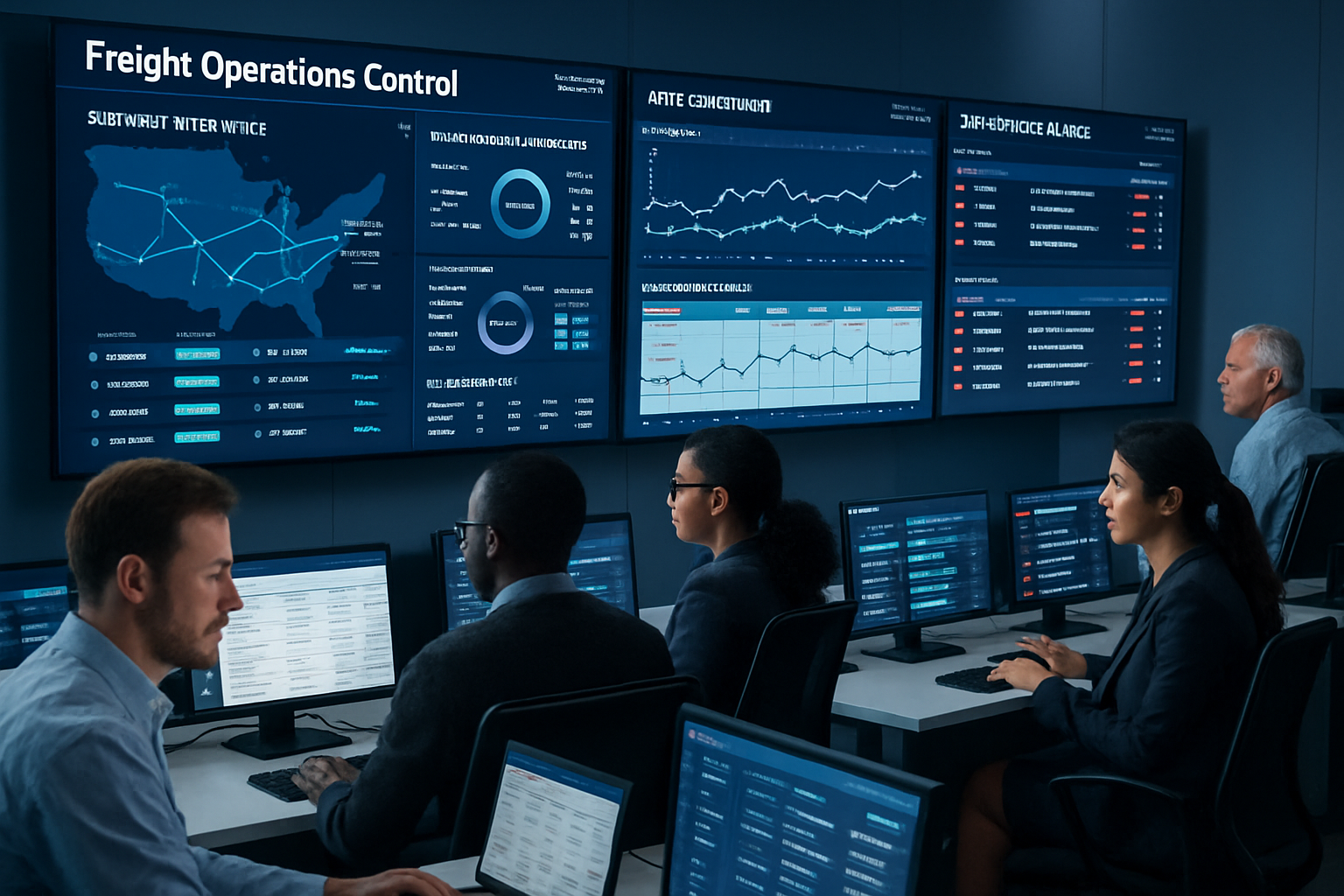 Operational freight control room with multiple screens showing shipment tracking and procurement dashboards