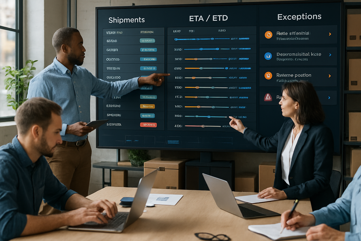 Operations team coordinating freight shipments around a digital control tower dashboard in logistics office