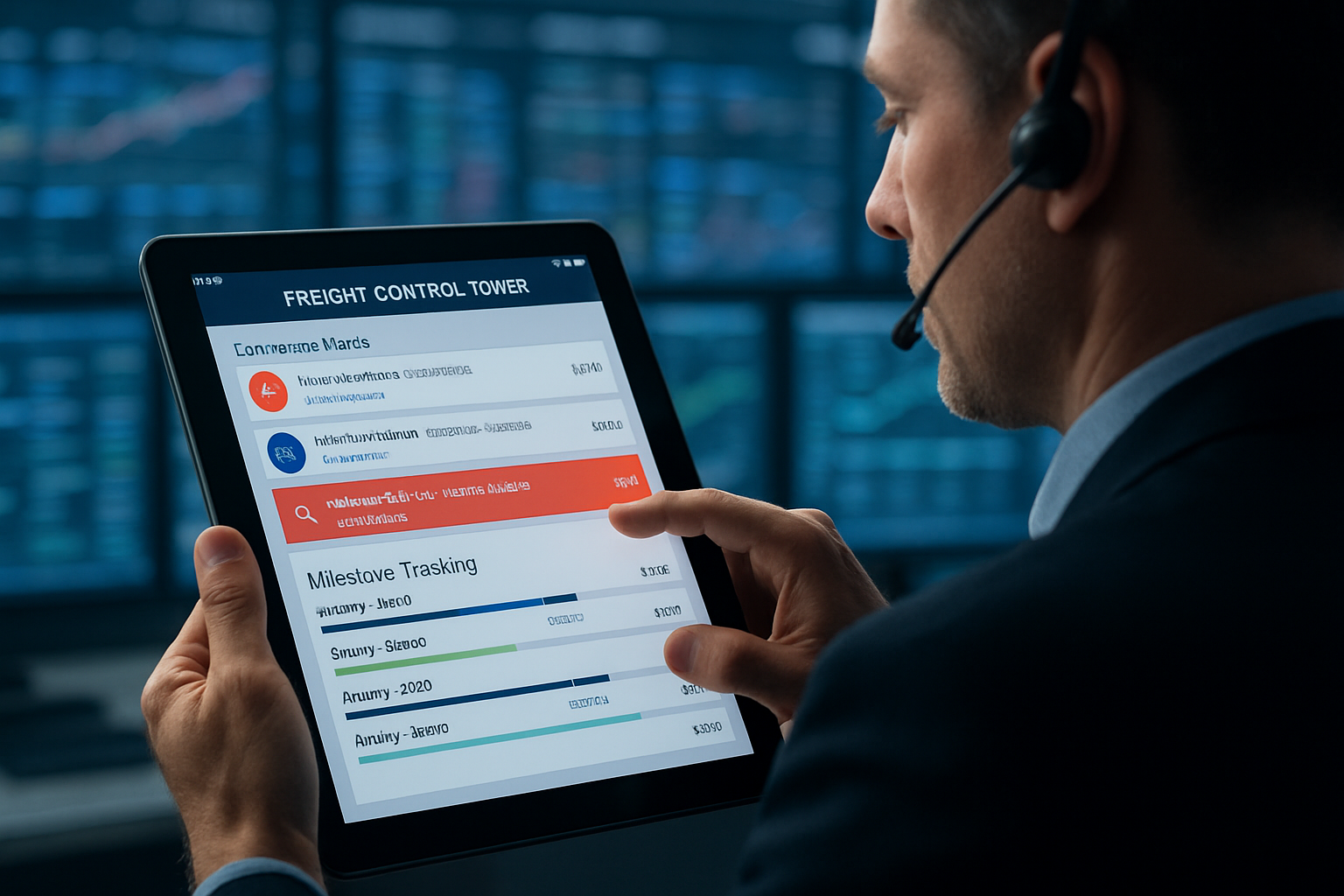 Close-up of logistics manager reviewing exception alerts on a tablet in freight control tower environment