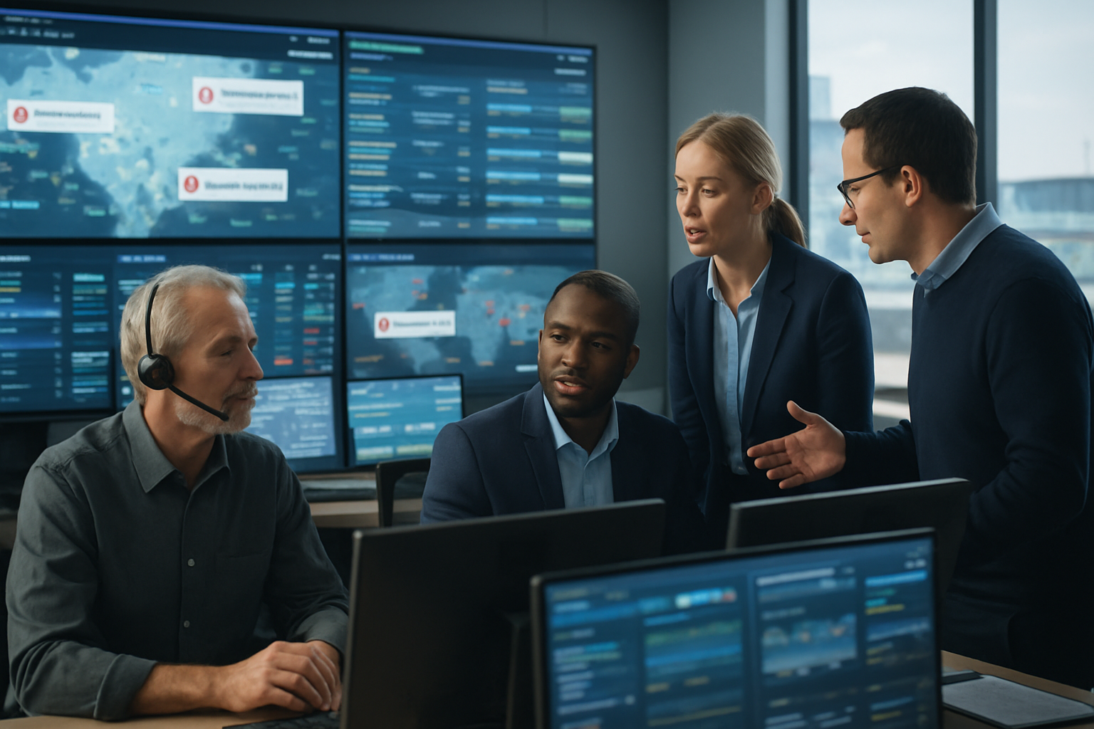 logistics team reviewing shipment alerts in a modern control center