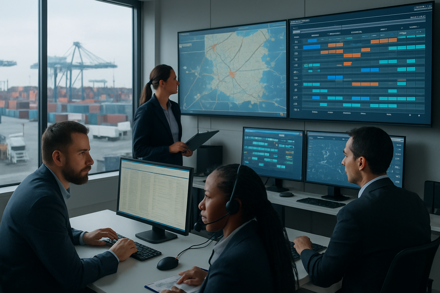 logistics operations team coordinating scalable freight workflows in a modern control room