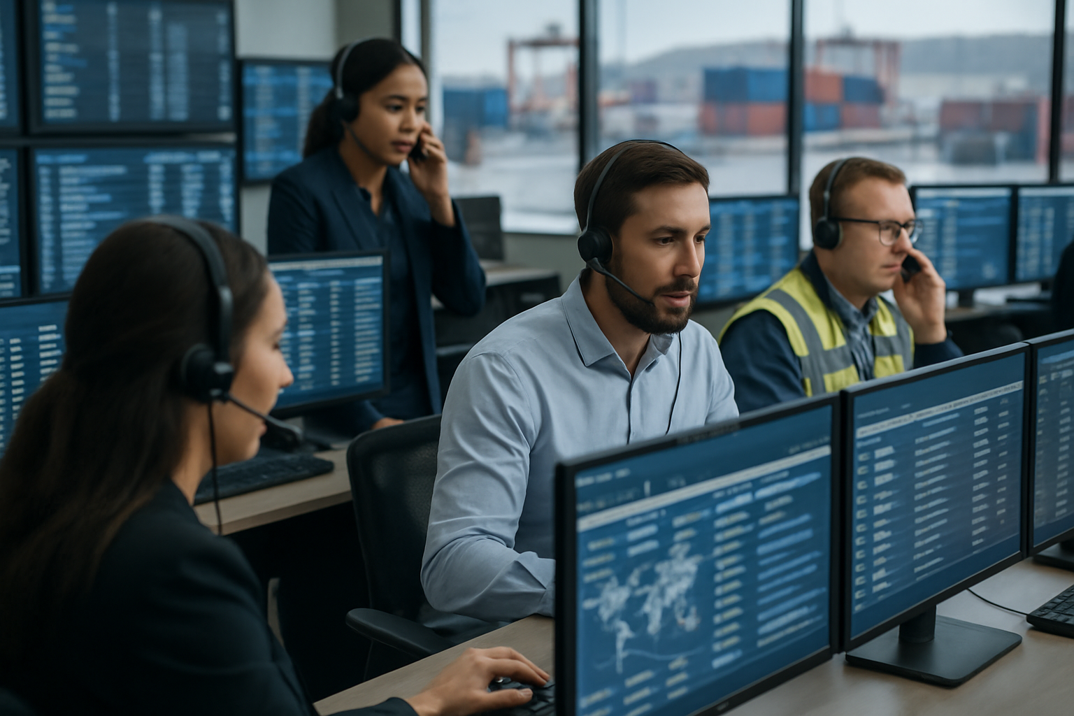 logistics operations team managing multiple shipments in a control room