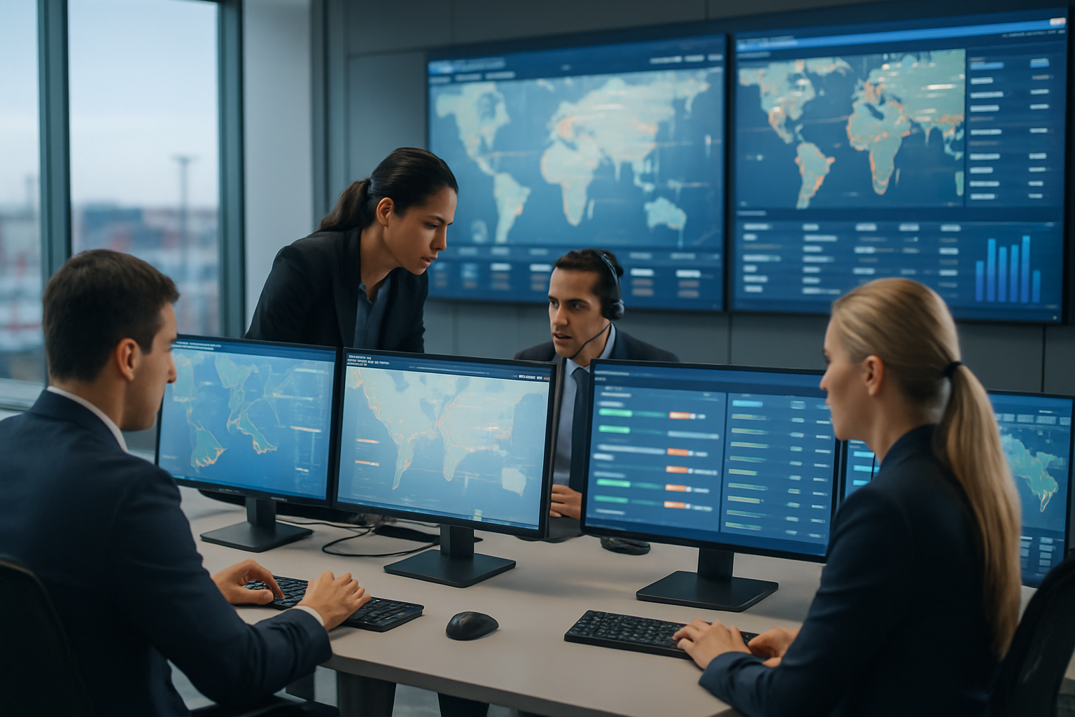 logistics operations team monitoring real time shipment tracking data in a control tower