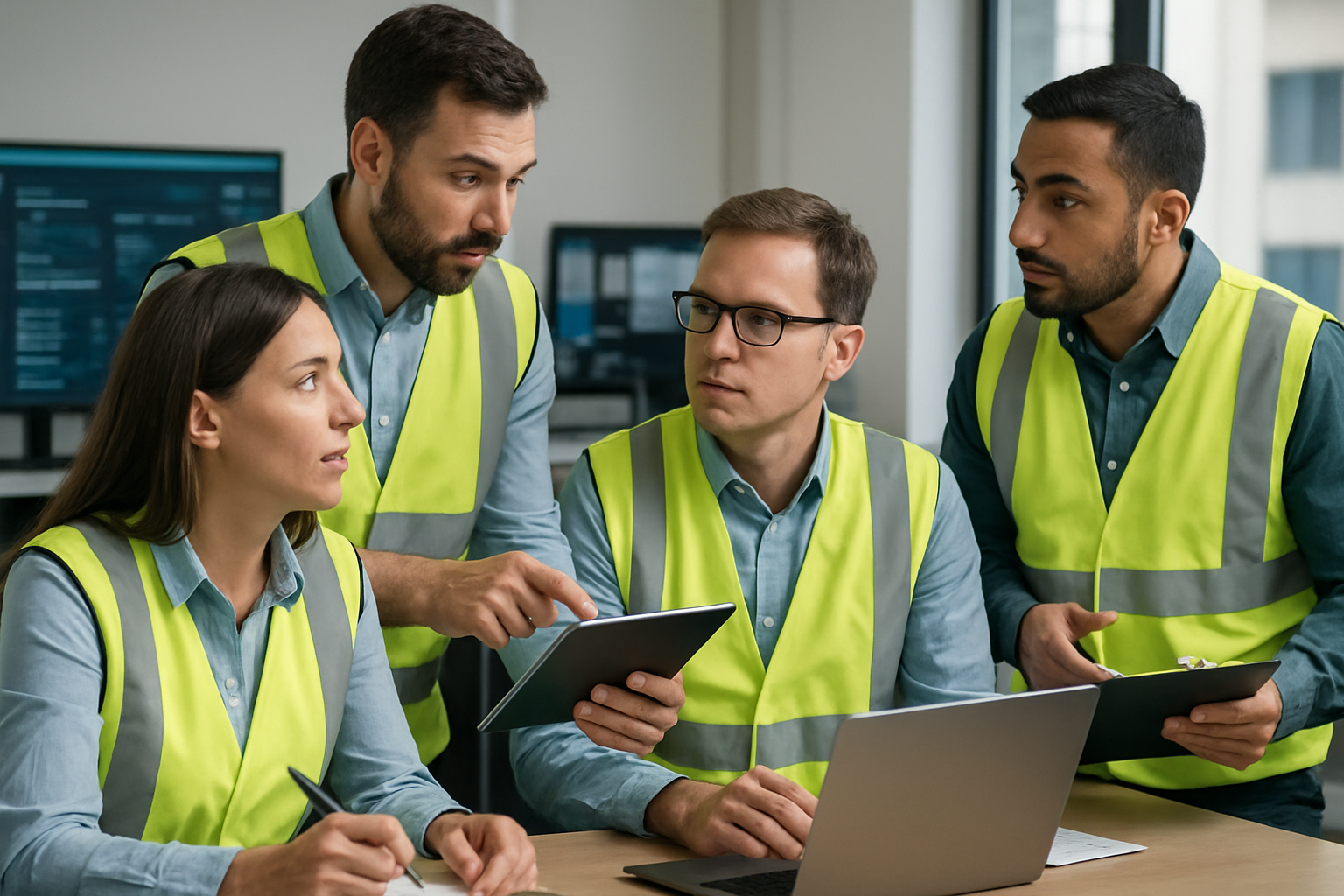 operations team coordinating shipment risk management and communication in logistics office