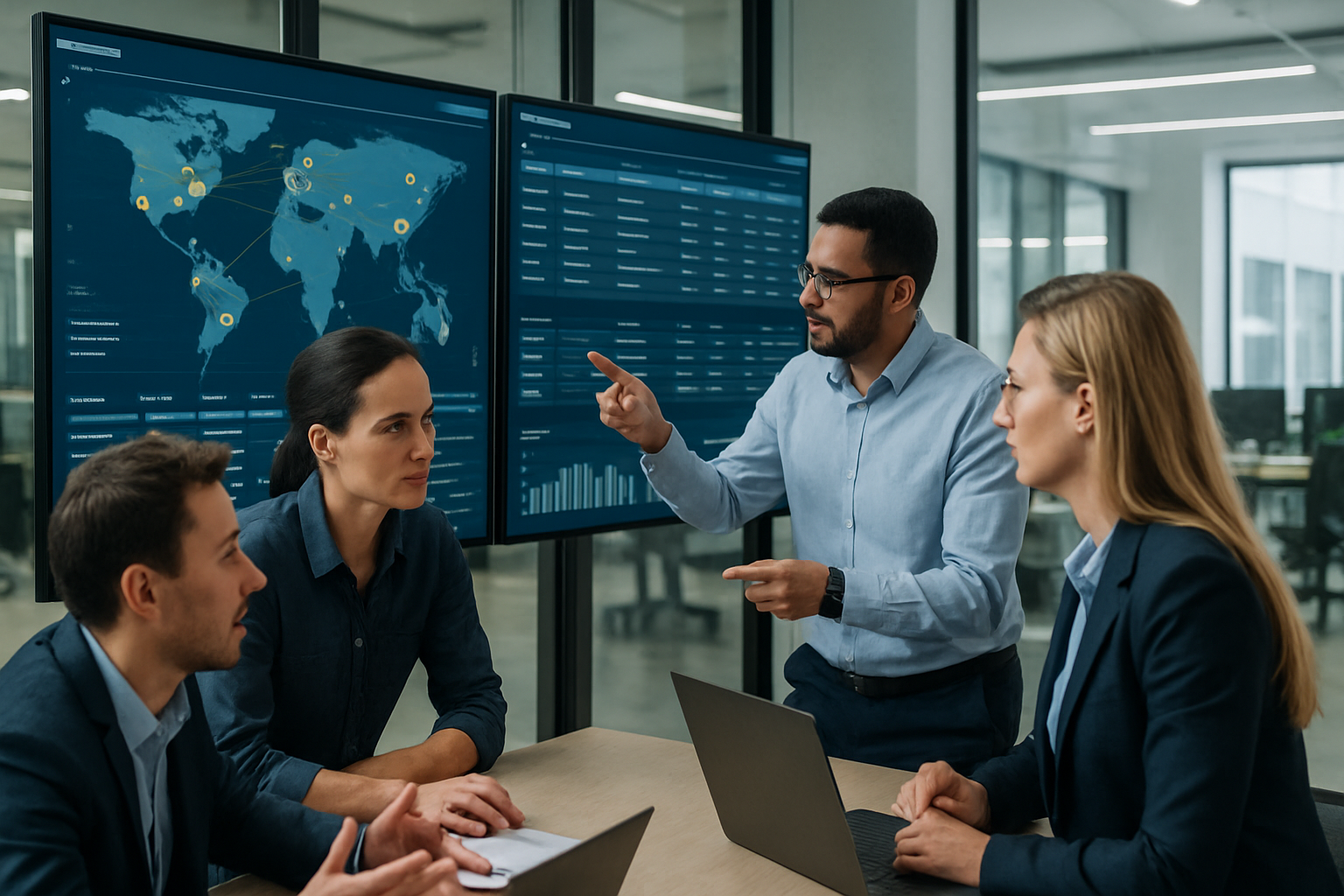 logistics team collaborating on digital freight forwarding software