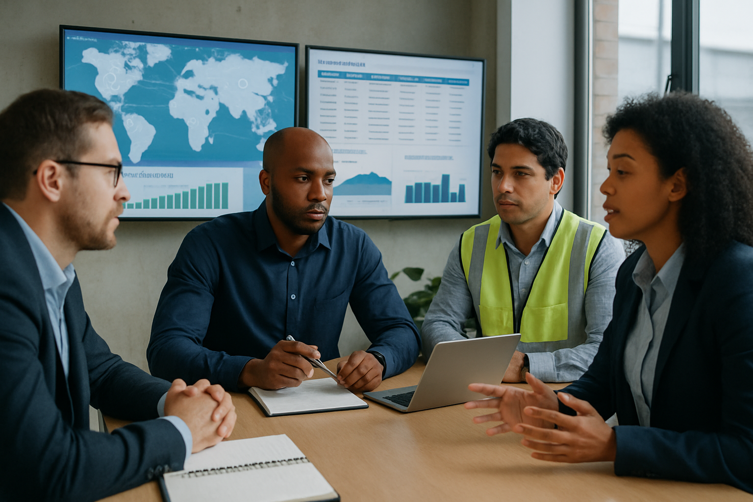 logistics team collaborating around shipment data during handoff