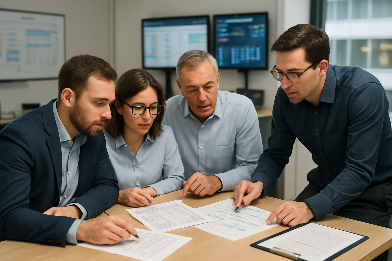 logistics team reviewing freight forwarding operational costs and workflows in an office