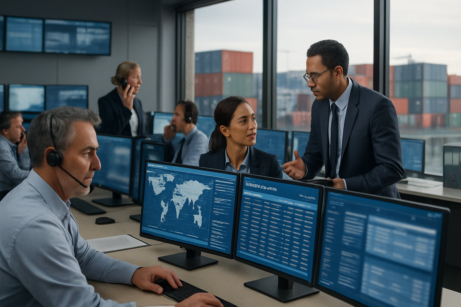 freight operations control tower with team managing shipment tracking and exception handling