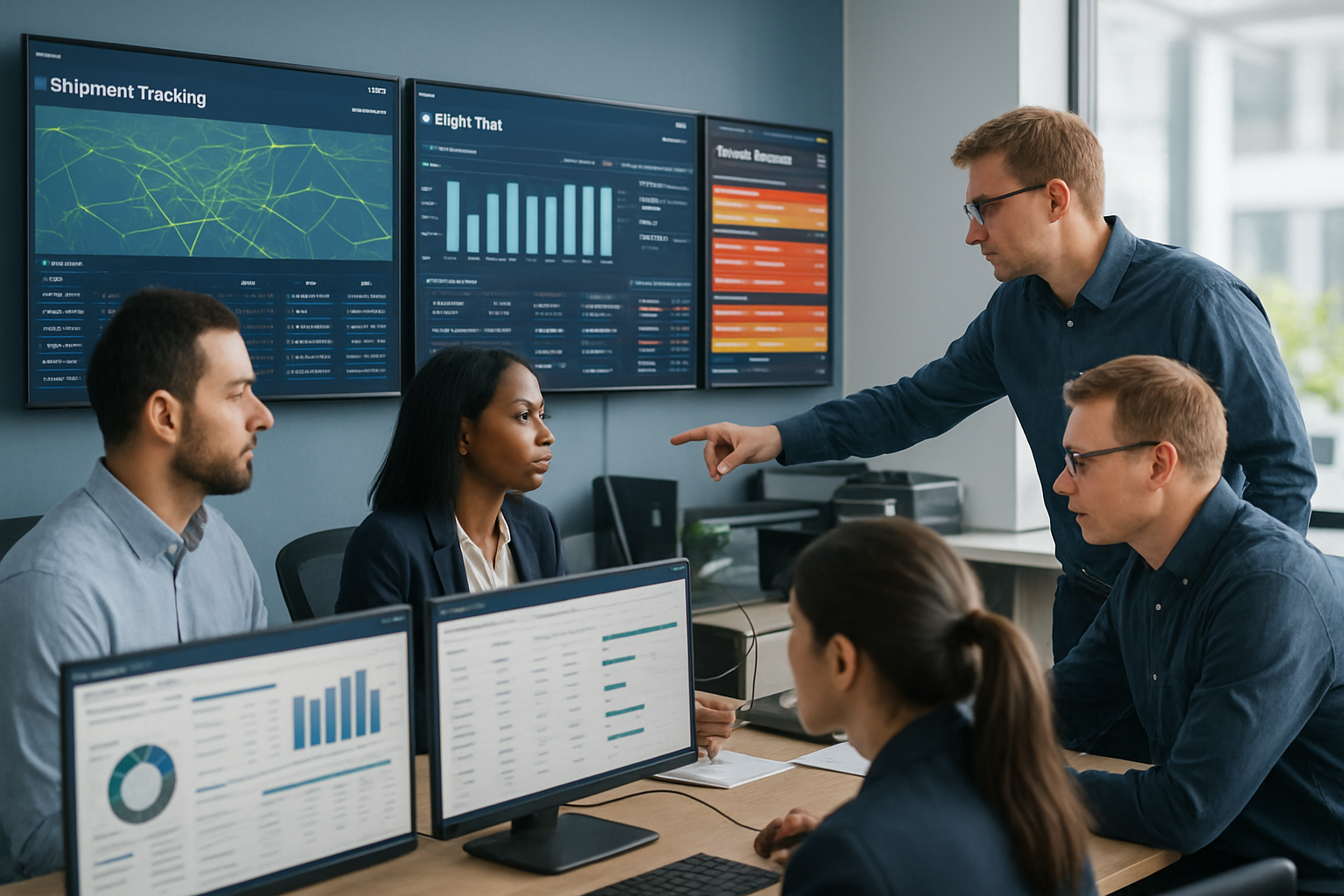 logistics operations team reviewing performance dashboards